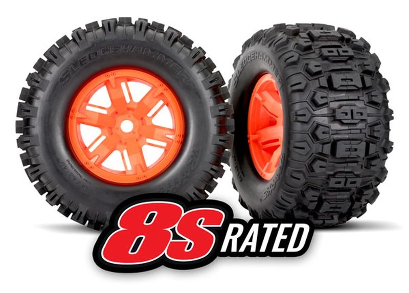 Traxxas Sledgehammer Reifen auf Felge orange l/r (2) 7774T