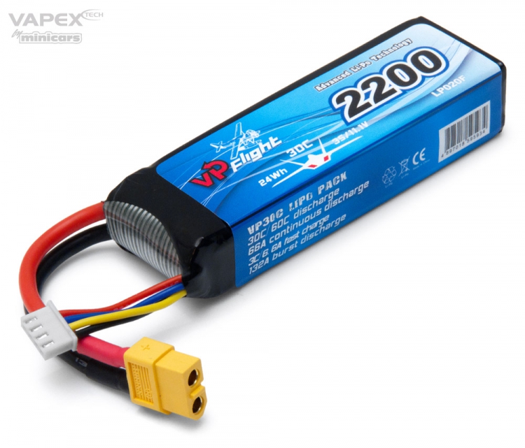 Vapex LiPo Akku 3S 11,1V 2200mAh 30C XT60 Stecker 106x34,2x22,4 LP020FXT