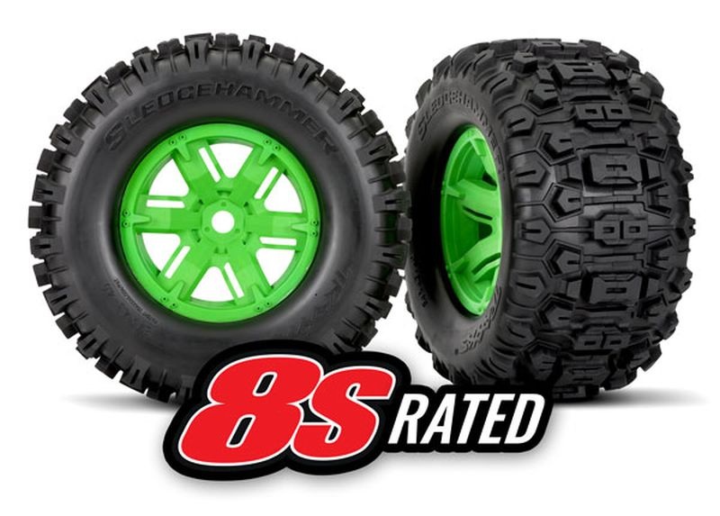 Traxxas Sledgehammer Reifen auf Felge grün l/r (2) 7774G